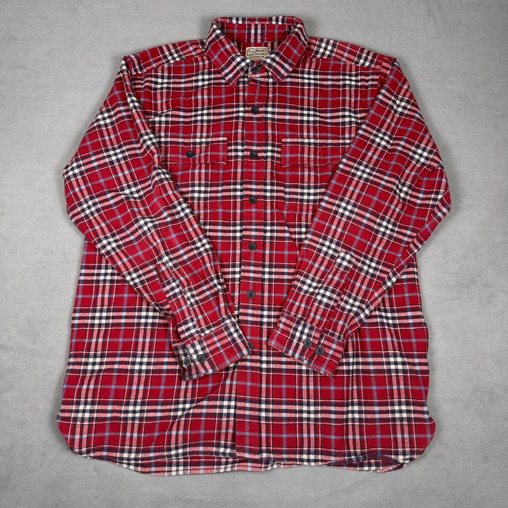 LL Bean Mens Large Red Plaid Flannel Shirt‎ Traditional Fit Cotton Button Down